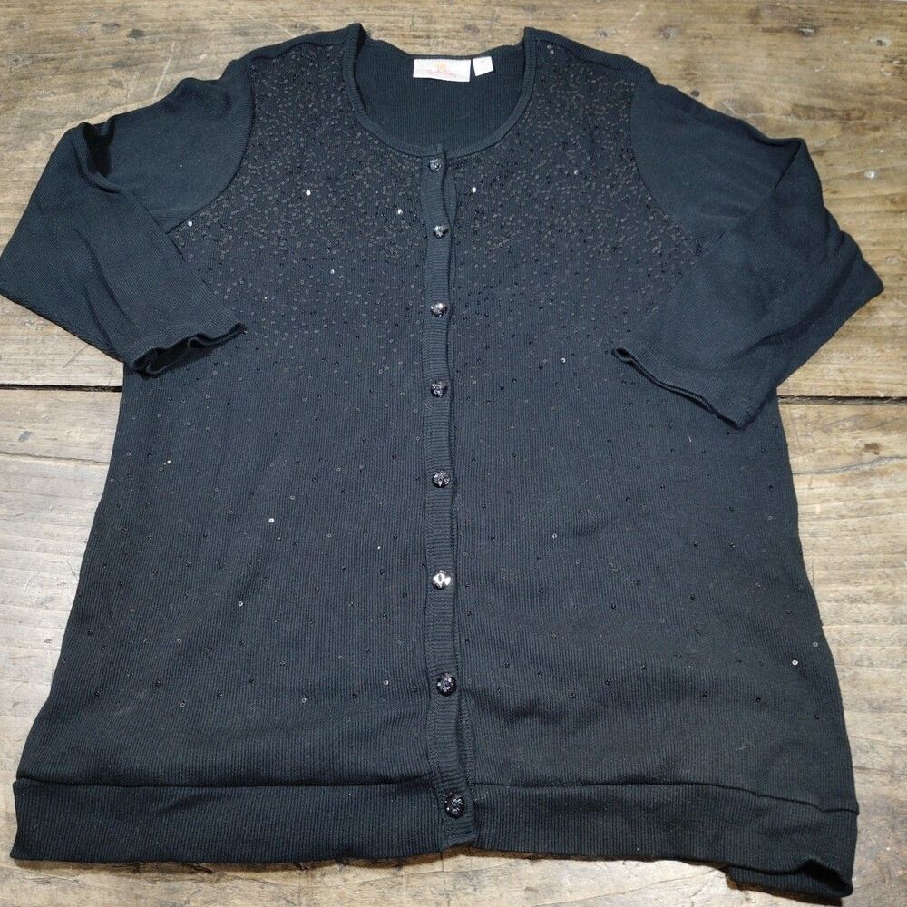 Quacker Factory Women's 1X Jersey Cardigan Front Button Top Sequins 100% Cotton